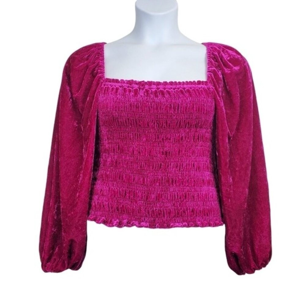 Anthropologie Womens Puff Sleeve Magenta Pink Velvet Smocked Top Size L